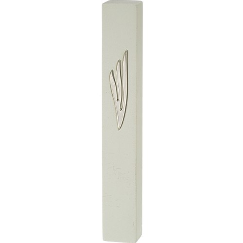 White mezuzah with silver flame