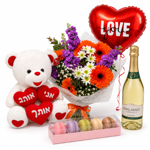 דיל מושלם פרחים שוקולדים דובי שמפנייה ובלון