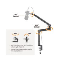 זרוע מיקרופון Lumi MDS13-2 – אינפוגרפיקה המציגה את טווחי הסיבוב של הזרוע המכנית השחורה עם טקסט באנגלית