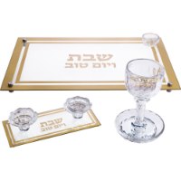 סט גביע קידוש + פמוטים + מגש חלה מקריסטל בזהב/כסף