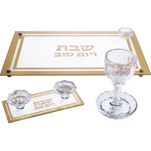 סט גביע קידוש + פמוטים + מגש חלה מקריסטל בזהב/כסף