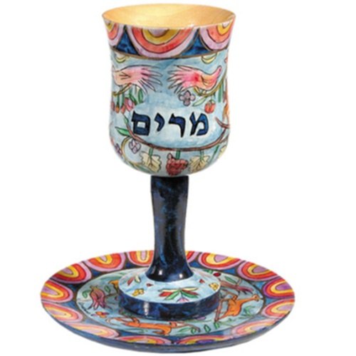 גביע קידוש + תחתית עץ ציור מרים צבעוני