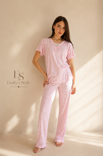 סט פיג׳מה מכנס ארוך שרוול קצר Flower Lace