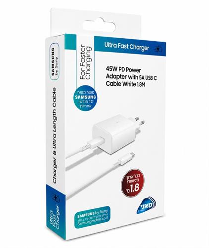 מטען סמסונג מקורי PD סופר מהיר 45W - עם כבל 1.8 מטר טייפ-סי 5A (לבן) - אחריות סאני