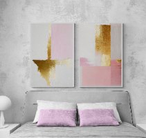 "Rose&Gold" - זוג תמונות אבסטרקט מודפסות על בד קנבס מתוח וממוסגר, מגוון גדלים למגוון חללים