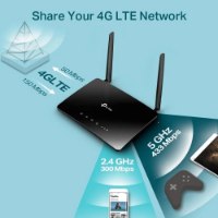 ראוטר Tp-Link Archer MR400 AC1200 4G LTE – ראוטר שחור עם אנטנות מציג מהירויות 4G ו-Wi-Fi למכשירים