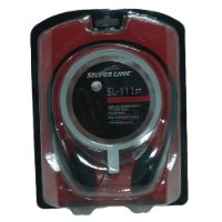 אוזניות סטריאו עם שליטת עוצמה Silver Line – אוזניות שחורות ארוזות באריזת שלפוחית שקופה עם רקע אדום ותווית מוצר