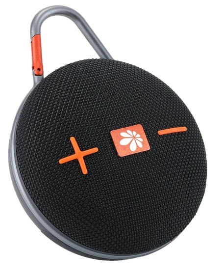 רמקול נייד Miracase MBTS702 – USB רמקול עגול שחור עם כפתורים כתומים ותפסן תלייה אפור