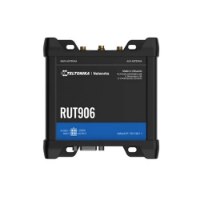 נתב סלולרי תעשייתי Teltonika RUT906 4G – מכשיר אחד שחור של הנתב מוצג מלפנים עם חיבורי אנטנות Wi-Fi