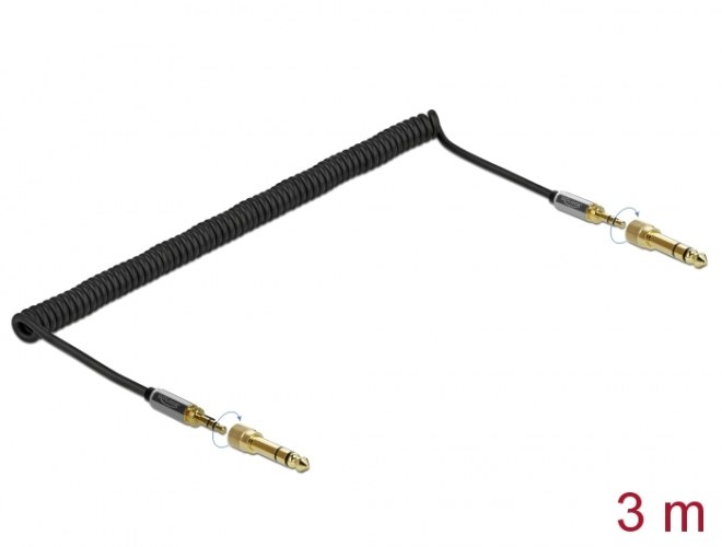כבל אודיו מסולסל Delock Coiled Stereo Jack Cable 3.5 mm 3 pin with screw adapter 6.35 mm 3 m