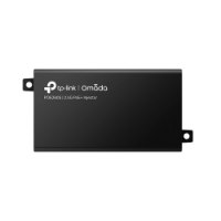 מזרק Tp-Link PoE+ POE260S – פריט בודד שחור עם לוגו וכיתוב לבן מונח על רקע לבן