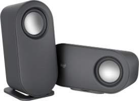 רמקולים למחשב עם סאבוופר Logitech Bluetooth Z407 – שני רמקולים בצבע אפור כהה אחד עומד והשני שוכב עם לוגו logi עם USB