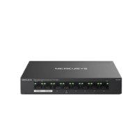 מתג Mercusys MS108GP 8-P Gigabit – אלחוטי מתג שחור בעל 8 חיבורי רשת קדמיים מוארים מוצג על רקע לבן