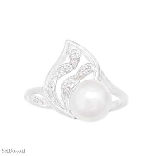 טבעת מכסף משובצת פנינה לבנה וזרקונים RG1774 | תכשיטי כסף 925 | טבעות עם פנינה