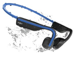 אוזניות הולכת עצם אלחוטיות צבע כחול Shokz OpenMove IP55 – אוזניות כחולות ושחורות מוקפות במים מותזים על רקע לבן עם USB