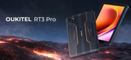 טאבלט קשיח Oukitel RT3 Pro 128GB 4GB RAM 4G – שני טאבלטים קשיחים על רקע לבה וכיתוב שם הדגם עם Wi-Fi