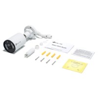 מצלמת צינור Vigi S385 2.8mm 4K – מציג את המצלמה הלבנה אביזרי התקנה ברגים דיבלים ומדריכים על רקע לבן