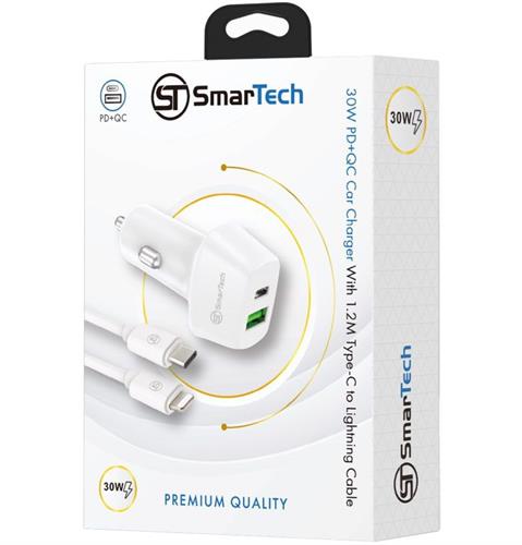 מטען רכב PD+USB 30W עם כבל טייפ-סי ל-Lightning - דגם STCC30W מבית SmarTech - טעינה מהירה ובטוחה בדרכים