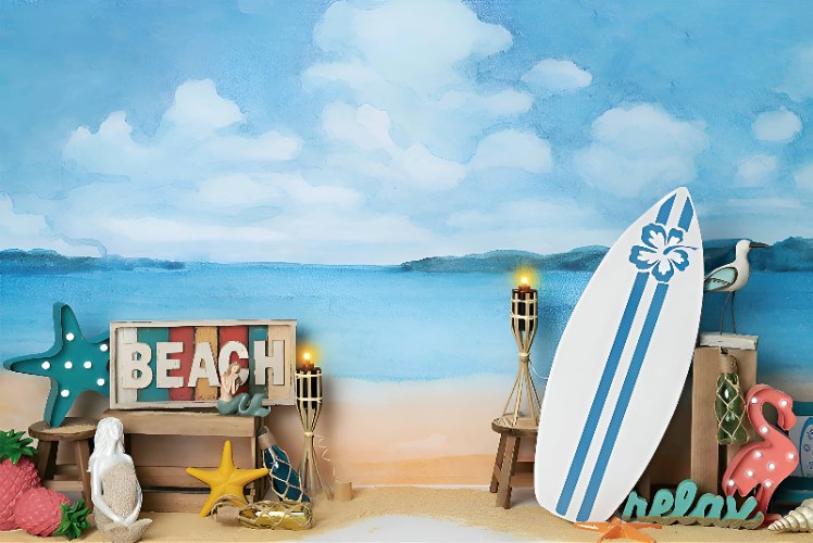 רקע בד פוליאסטר לצילומי ילדים וקייק סמאש - חוף הים חול גלשנים פלמינגו צבעי מים