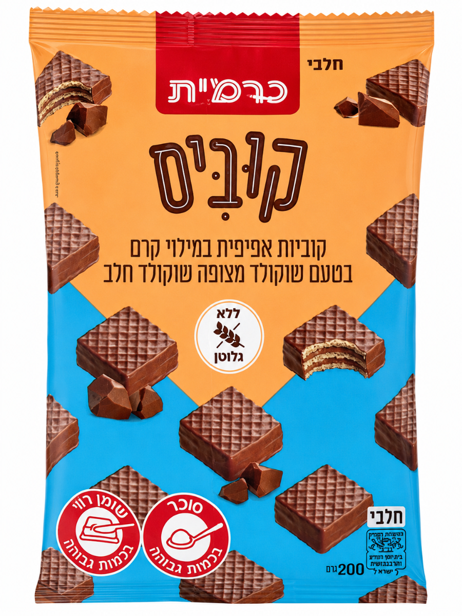 קוביות אפיפית בטעם שוקולד מצופה שוקולד חלב ללא גלוטן 200 גרם - כרמית