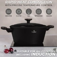 סט סירים ומחבתות Berlinger Haus Black Rose BH8362 – סיר בישול שחור עם מכסה וידיות רוז גולד מונח על כיריים שחורות