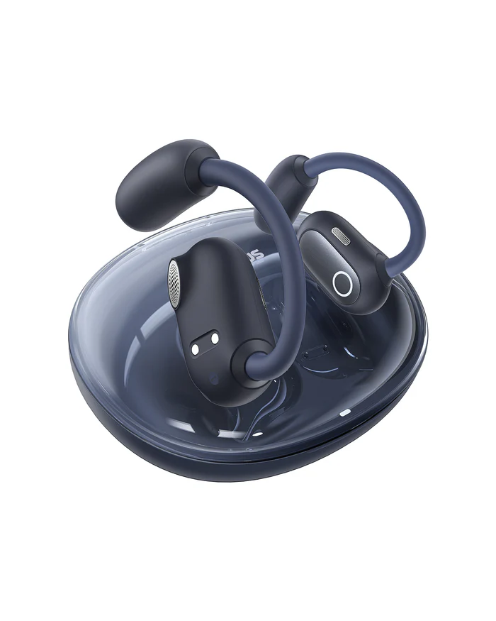 אוזניות ספורט אוזן-פתוחה אלחוטיות +Shokz OPENFIT 2 – שתי אוזניות בצבע אפור כהה עם מתלה אוזן וקייס טעינה תואם Bluetooth
