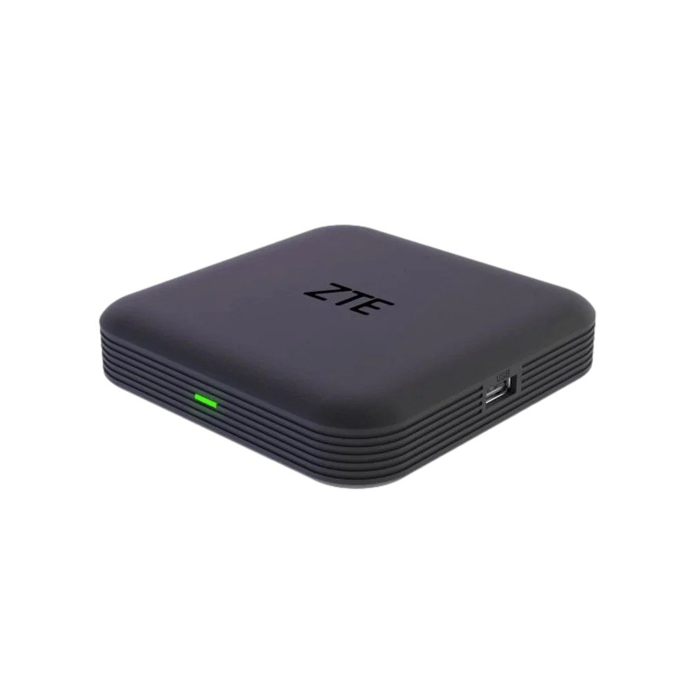 סטרימר Zte ZXV10 B866V2K 2/32G 4K – Wi-Fi יחידה אפורה כהה עם לוגו ZTE נורית ירוקה וחיבור USB