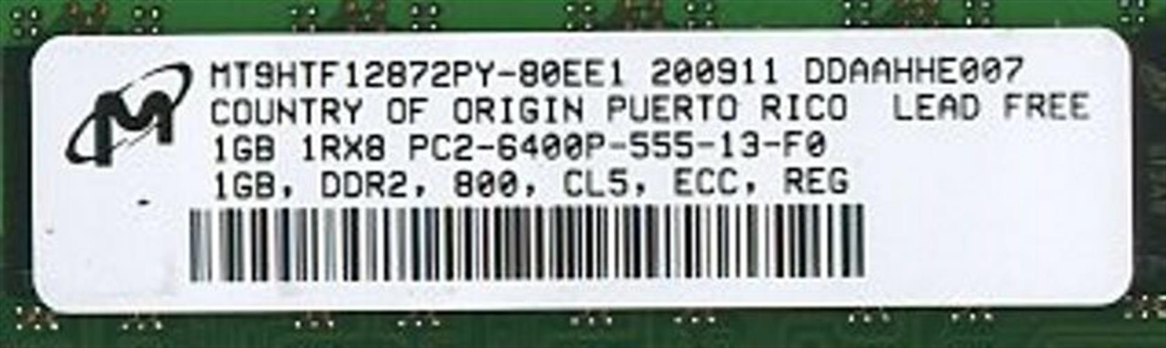 זיכרון MT9HTF12872PY-80EE1 - 1GB (128MX8), PC2-6400, Registered ECC DDR2 SDRAM DIMM Memory Module