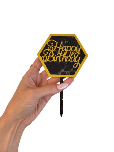 טופר happy birthday משושה שיש שחור