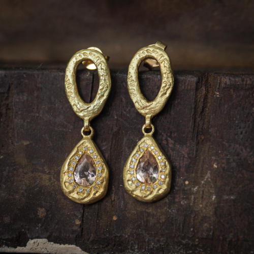 Textured Morganite Teardrop and Diamonds Earrings