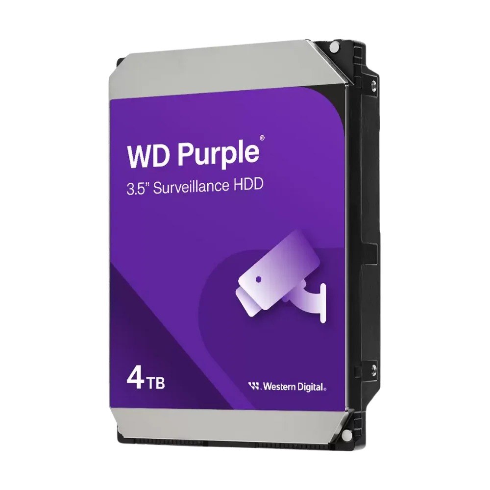 כונן קשיח פנימי למערכות אבטחה Western Digital 4TB Purple – דיסק קשיח סגול עם כיתוב WD Purple ואיור מצלמת אבטחה לבנה