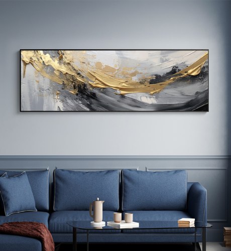 תמונת קנבס לרוחב הדפס ציור אבסטרקט בצבעי שחור זהב ואפור| תמונה לסלון או חדר השינה מוזהב "מגע הזהב"