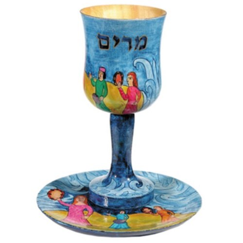 גביע קידוש + תחתית עץ ציור תוף מרים