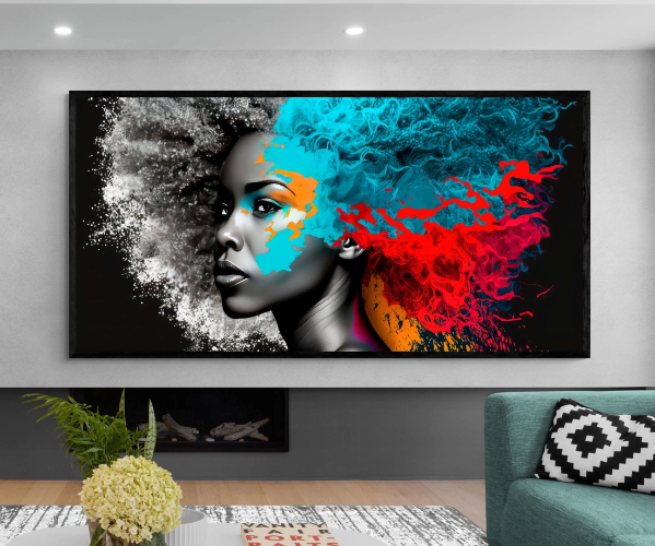 "Nia" ציור דמות אפריקאית עם שיער אפרו צבעוני מודפס על בד קנבס, עם או בלי מסגרת | תמונה גדולה לסלון