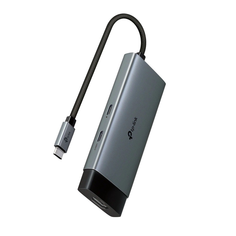 רכזת Tp-Link UH5020C USB Type-C 5-IN-1 Hub – רכזת אפורה עם יציאות USB-C USB 3 0 ו-HDMI מחוברת בכבל USB-C