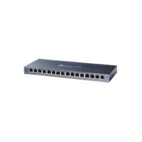 מתג חכם TP-Link 16 Ports Gigabit 10/100/1000Mbps Desktop Switch TL-SG116 Easy – מתג רשת בצבע אפור מונח בזווית על רקע לבן