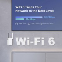 מגדיל טווח Mercusys ME80X AX3000 Wi-Fi 6 – פריט בודד לבן מחובר לקיר ליד כיתוב Wi-Fi 6 ומסך מידע חוטית