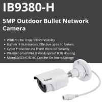 מצלמה חיצונית Vivotek IB9380-H 5MP – מצלמת אבטחה לבנה מסוג בולט על רקע מחולק עם כיתוב תכונות באנגלית מעליה