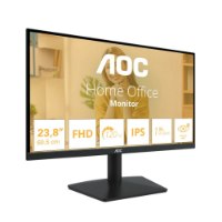 מסך 23.8 אינץ' Aoc 24B15H3 FHD 120Hz IPS – מסך שחור בודד על מעמד מציג אישה מחייכת ואיקוני תכונות כמו IPS