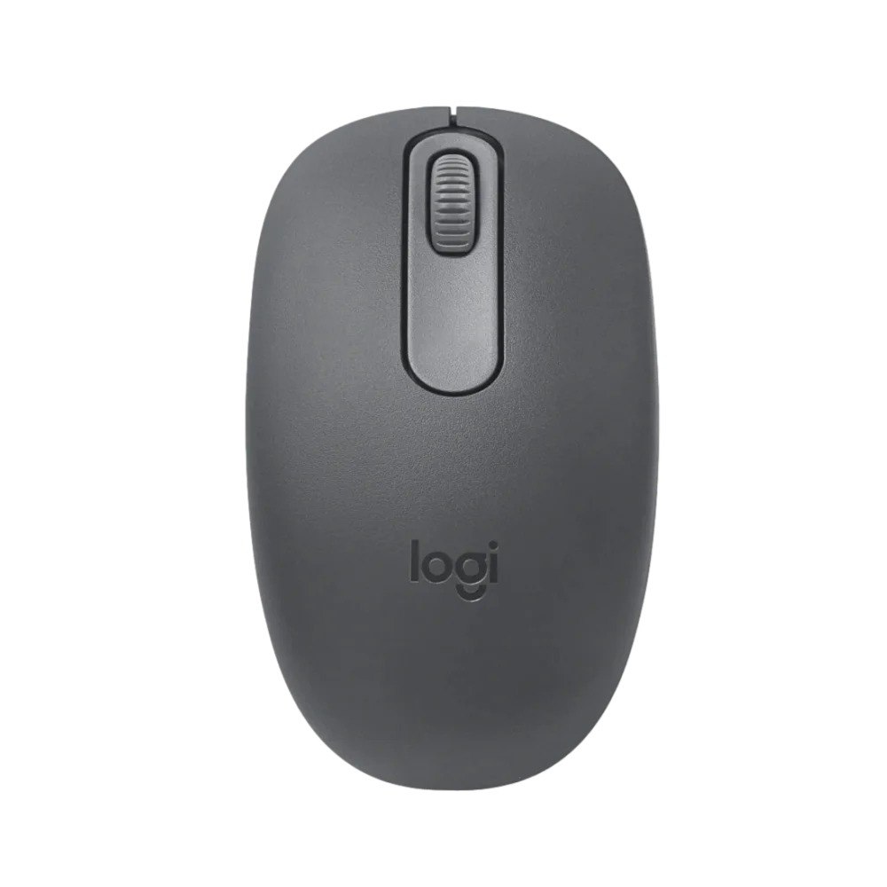 עכבר BT צבע גרפיט Logitech M196 Bluetooth – עכבר בודד בצבע גרפיט עם גלגלת וסמל logi מונח על רקע לבן