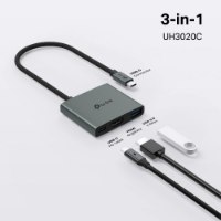 רכזת Tp-Link UH3020C USB Type-C 3-IN-1 Hub – רכזת אפורה עם כבל USB-C מחובר מציגה את יציאות ה-HDMI USB 3 0 ו-USB-C