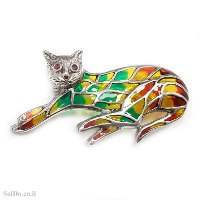 סיכה מכסף מעוצבת דגם "חתולה" משובצת מרקזטים ואמייל צבעוני T6192 | תכשיטי כסף