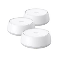 מערכת ביתית 3 יחידות בתקן Tp-Link Deco BE25 Mesh WiFi 7 – שלוש יחידות לבנות עגולות עם כיתוב deco מוצגות באלכסון על רקע לבן