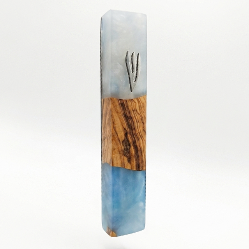 One-of-a-Kind Mezuzah – Olive Wood & Blue Epoxy