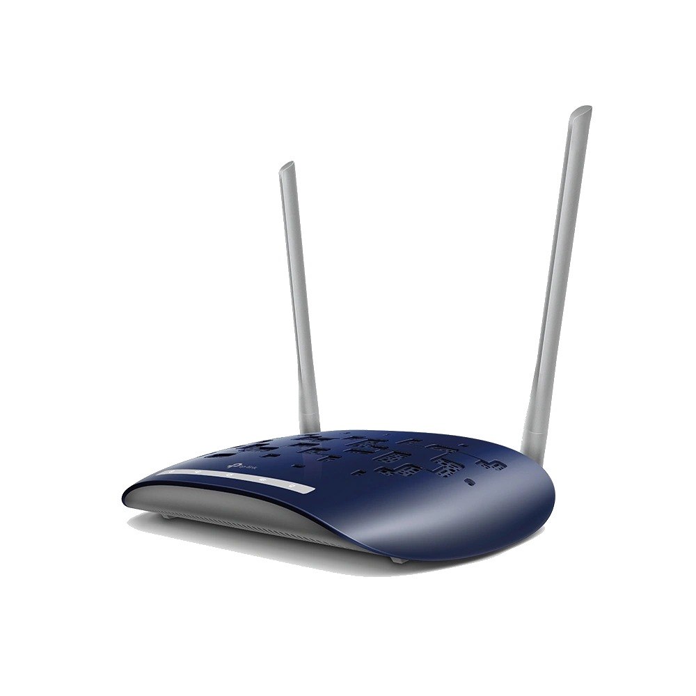 ראוטר TP-Link 802.11n Wireless N TD-W9960 VDSL/ADSL2+ 300Mbps – ראוטר כחול כהה עם שתי אנטנות כסופות מוצג על רקע לבן 2 4GHz