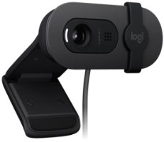 מצלמת רשת עם מיקרופון Logitech Brio 100 Full HD 1080p Graphite – מבט קדמי-צדי על המצלמה והמעמד