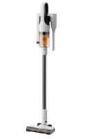שואב אבק אלחוטי Deerma T10W – המכשיר הלבן והשחור עם מיכל כתום עומד זקוף