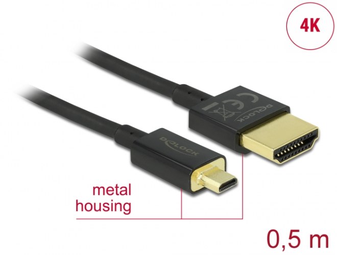 כבל מסך Delock Slim Cable High Speed Ethernet HDMI To Micro HDMI 3D 4K 0.5 m