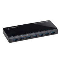 מפצל Tp-Link UH720 USB 3.0 7-Port – מפצל USB שחור מבריק עם שבעה חיבורי USB 3 0 כחולים ומתג הפעלה
