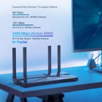 ראוטר TP-Link AX3000 Dual Band Gigabit Wi-Fi 6 Archer AX53 – ראוטר שחור עם אנטנות על שולחן לצד גרף השוואת מהירויות אלחוטיות